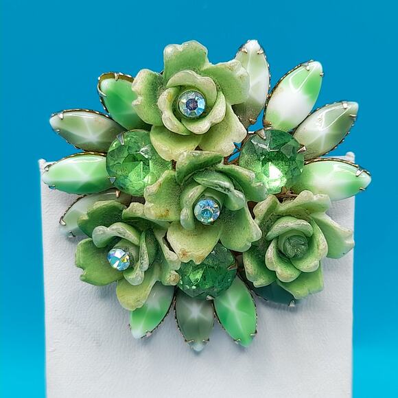 Vintage Celebrity Green Rhinestone Brooch Pendant, 1950s, 2 1/4 Inches - Picture 10 of 10